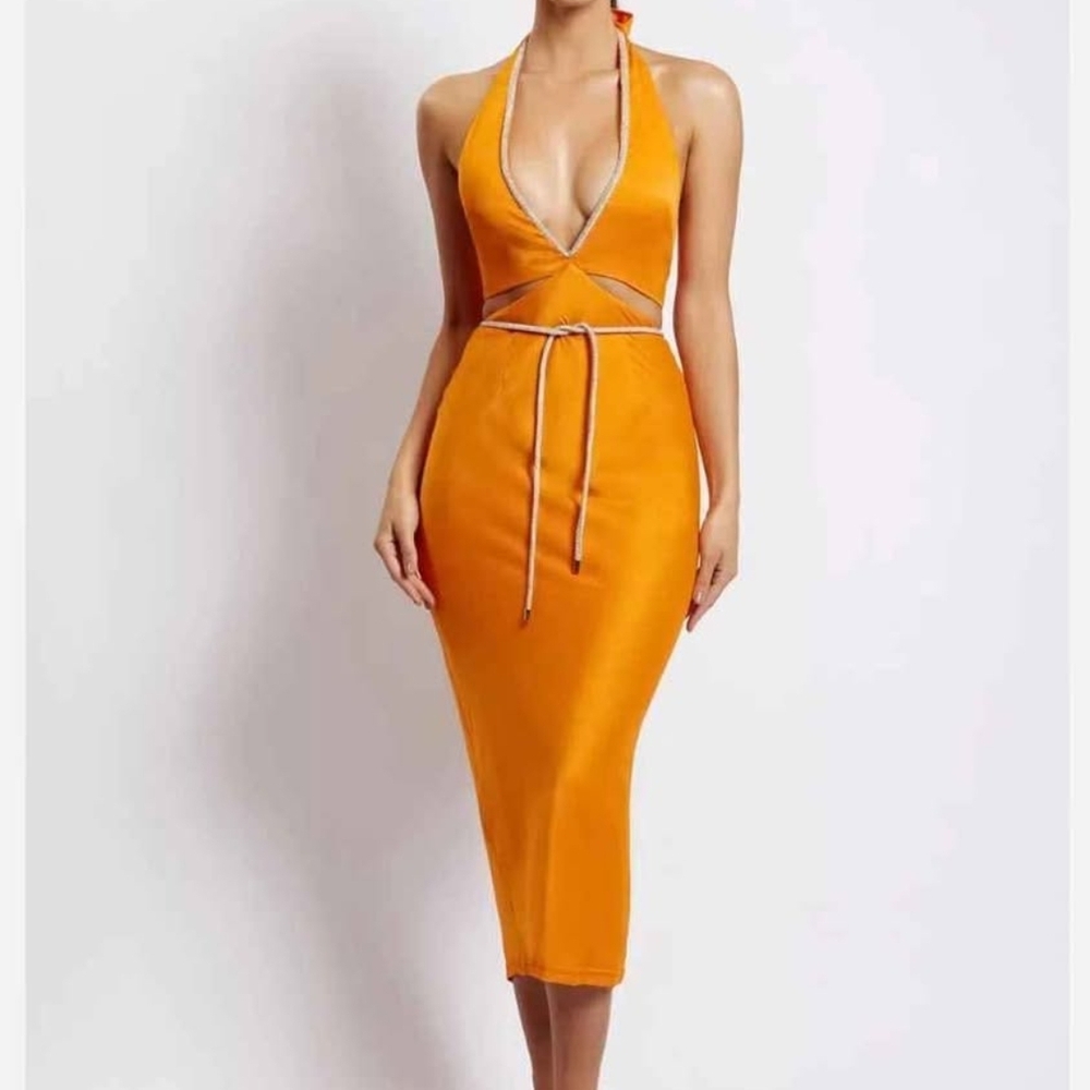 Meshki Lila Diamante Orange Midi Dress